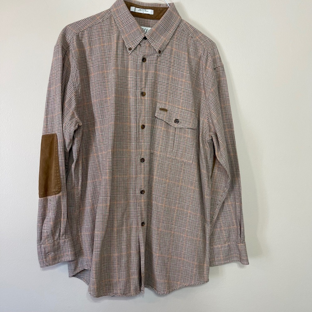 Orvis Mens Glen Plaid Cotton Flannel Shirt‎ Elbow Patches Brown L Button Down